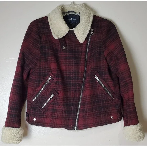 American Eagle Red Black Plaid Bomber Moto Jacket Faux Fur Small Sherpa Wool - Picture 2 of 10